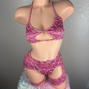 NEW Super Sexy Pink Paisley Exotic Dancer Chaps Outfit Set OS